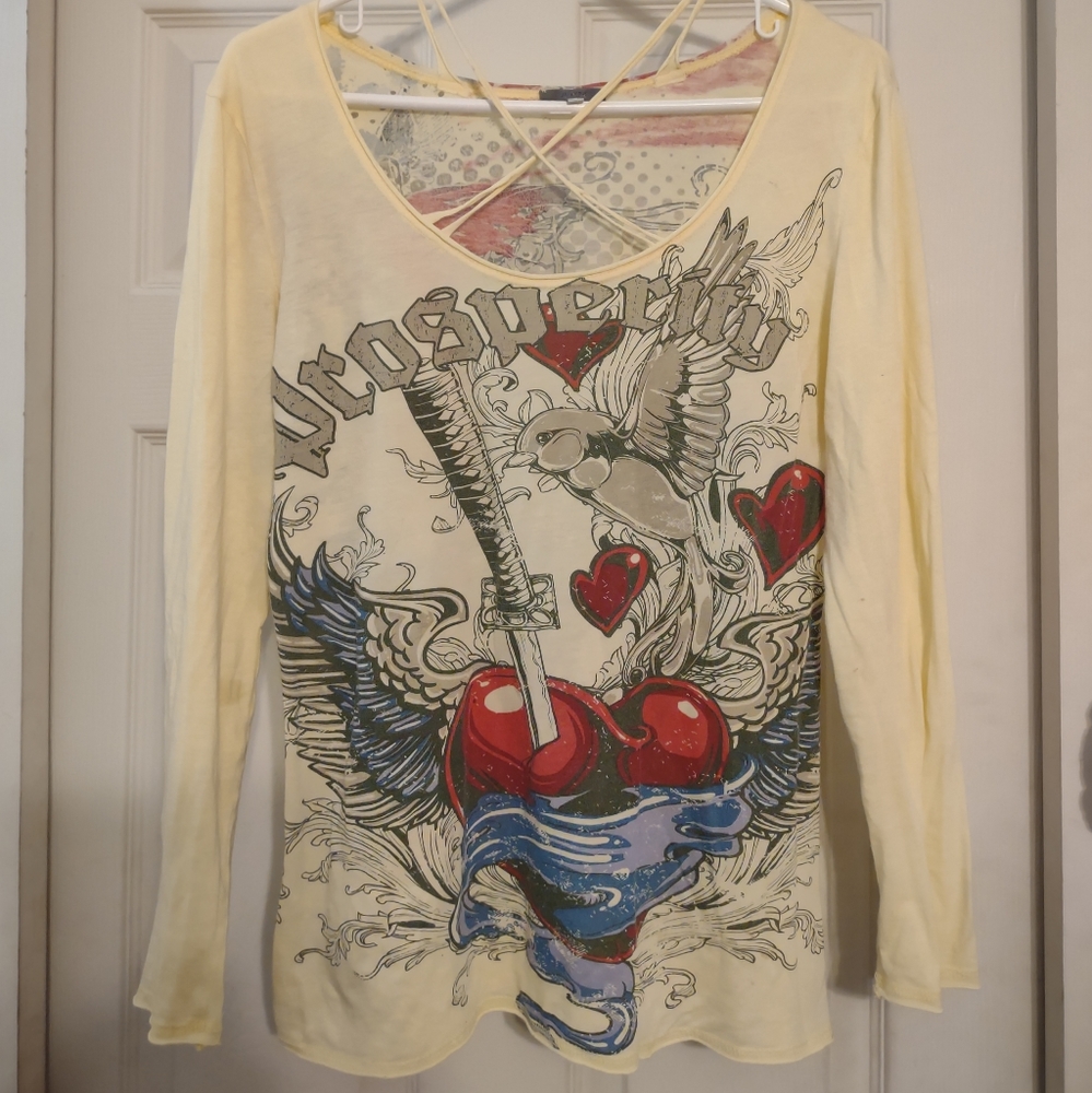 Vintage Woman Yellow Y2K Arm Candy Tattoo Long Sleeve Shirt Size Medium